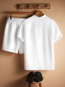Manfinity Homme Men's Solid Color Bamboo Texture Linen-Like Mandarin Collar Casual Short Sleeve Shirt And Elastic Waist Shorts Set, Formal - White - View 2