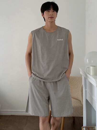 DAZY 男士夏季字母印花灰色背心和短裤休闲服套装睡衣