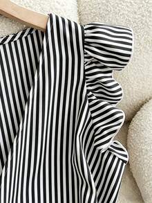 Franclia Elegant Striped Ruffle Sleeve Shirt, Suitable For Casual, Vacation, Beach, Commute - Black - View 3