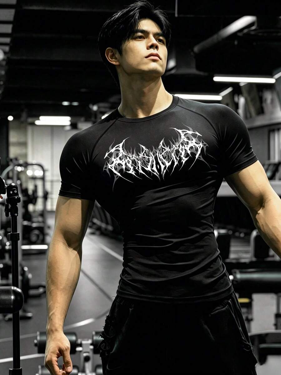 GymBeat 男士哥德風印花短袖運動T恤,健身、度假 - 黑色 - 查看 1