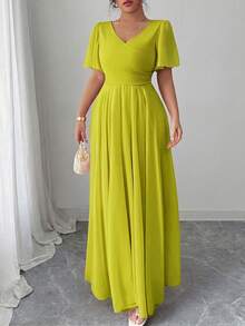 Elenzga Plus Size Women's Spring/Autumn V-Neck A-Line Chiffon Ruffle Sleeve Elegant Romantic Maxi Dress, Suitable For Party, Wedding Guest - Mustard Yellow - View 3