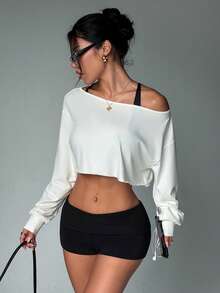 Easithlete Áo sweatshirt nữ dáng casual nhẹ, thiết kế bất đối xứng vai, gợi cảm và tối giản, thích hợp cho mùa xuân/hè. - trắng - Xem 6