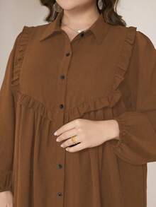 Graceveil Plus Size Casual Solid Color Long Sleeve Loose Regular Shirt, Spring/Autumn Fall - Brown - View 6