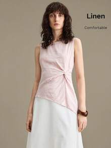 Ontre Blusa sin mangas de mezcla de lino 2026SS con diseño asimétrico retorcido, adecuada para vacaciones, fiestas, casual, trabajo, elegante, top corto morado rosa - Rosa - Ver 3