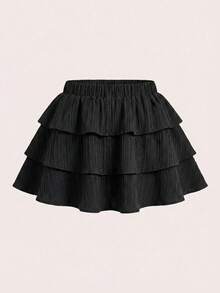 SHEIN PETITE CURVE CURVE 大尺碼女款小個子黑色可愛夏季教師純色多層裙褲，高腰優雅嘉年華派對 - 黑色 - 查看 9