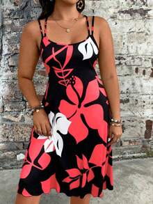EMERY ROSE Plus Size Contrast Color Print Camisole Dress Beach Vacation Black And White Summer Tropical - Grey - View 3