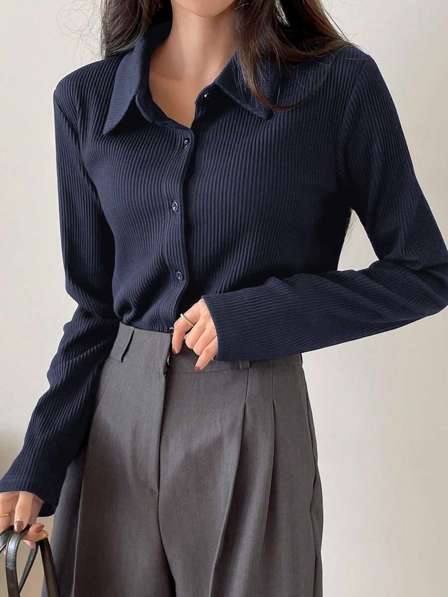 DAZY Ribbed Knit Button Front Tee,Fall Clothes Long Sleeve Women Tops - Navy Blue - View 1