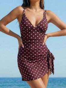 Breezaya Áo tắm tankini nữ in chấm bi, thắt nút bên hông, kiểu dáng thường ngày. - Hồng - Xem 5