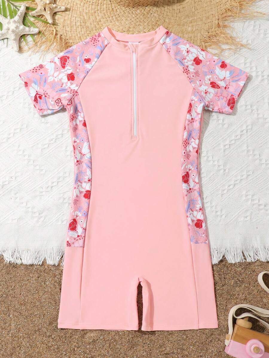 SHEIN Tween 女童植物印花前拉链连体泳衣,夏季海滩 - 粉色 - 查看 1