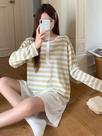 DAZY Women's Striped Print Long Sleeve Top And Solid Color Shorts Casual Pajama Set