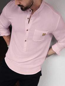 Manfinity Homme Camisa casual de manga larga con cuello alto de unicolor para hombre, primavera, otoño, formal - Rosa - Ver 3