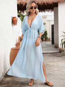 Swim Vcay Vestido Solto de Manga Morcego de Decote em V Casual de Cor Sólida Azul Claro, Vestido de Cobertura de Maiô Feminino de Verão, Vestido de Páscoa Feminino, Vestido Casual Feminino, Vestido Feminino de Manga Curta, Vestido Azul Feminino, Vestido de Férias Feminino, Vestido Country Feminino, Vestido de Festival Feminino, Vestido Longo Feminino, Adequado para Praia de Verão, Férias, Festival de Música, Clube, Final de Semana, Rua - Azul - Visão 4