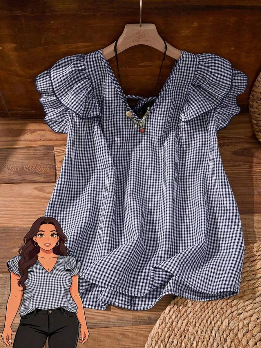 Rusticease Plus Size Women's V-Neck Double-Layer Cap Sleeve Plaid Shirt Blouse, Spring/Summer - Navy Blue - View 1