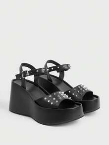 Sugerpunk Giày nữ Women Shose, dép xăng đan đế xuồng thời trang nữ, kiểu dáng punk mùa xuân hè, có khóa cài giữa, thiết kế đinh tán trang trí, hở mũi, dễ dàng mang đi hộp đêm hoặc đi làm. - màu đen - Xem 2
