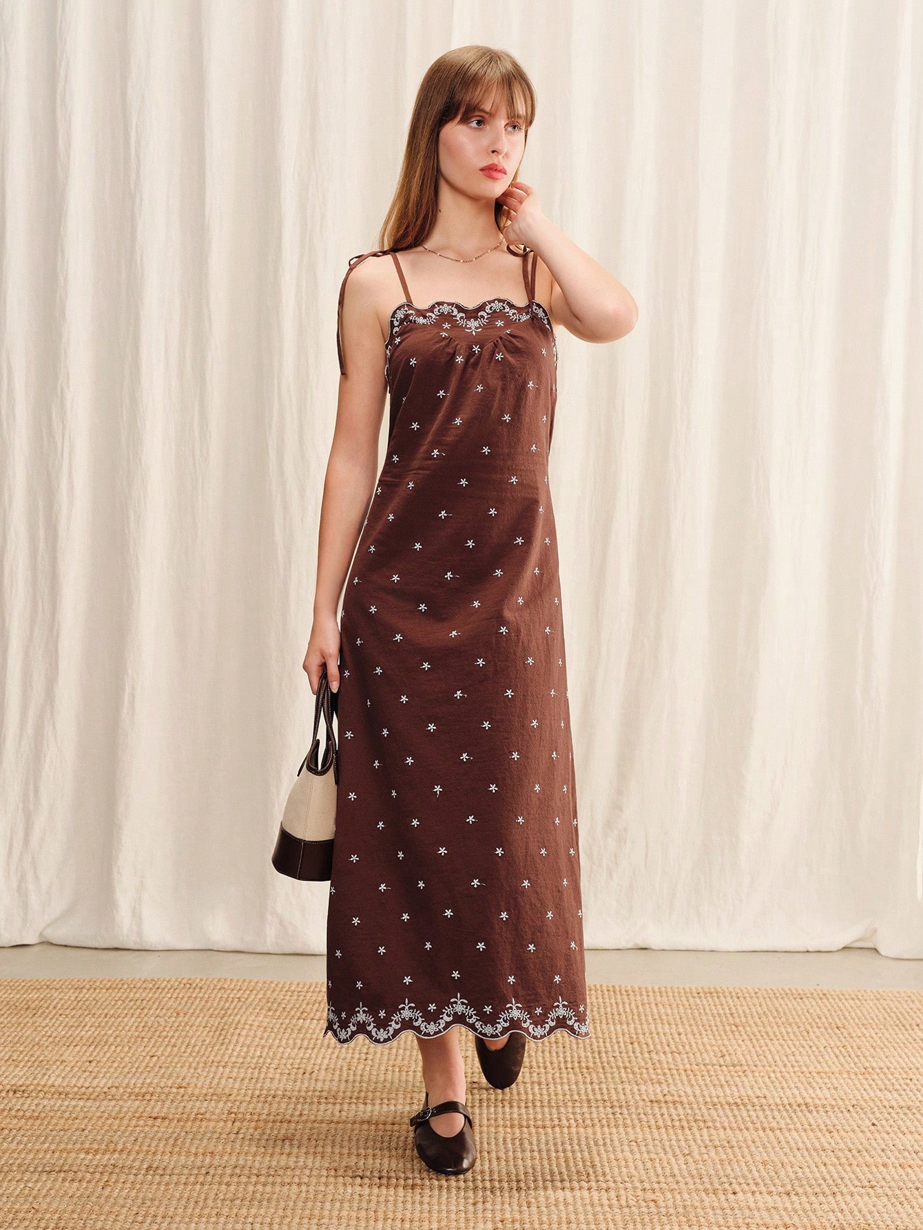 Brown Loose Fit Cotton Embroidered Midi Dress With Scallop Hem Spring Summer Holiday Dress Brown Cotton Dress French Style Vintage Dress