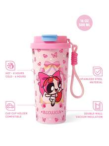 THE POWERPUFF GIRLS X SHEIN 500毫升/16盎司真空隔热不锈钢杯，配1个防漏盖，适用于冷热饮，适用于大多数车载杯架 - 粉色 - 查看 2