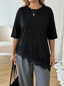 SHEIN Tall CURVE CURVE 大尺碼女款高身長黑色蕾絲拼接不對稱下擺T恤，休閒日常上衣，適合秋冬夏季 - 黑色 - 查看 9