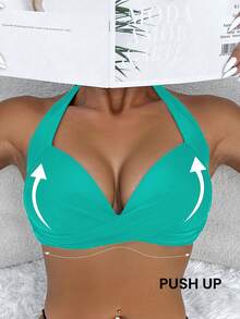 SHEIN Swim 适合夏季海滩的纯色吊带露背性感比基尼上衣 - 綠色 - 查看 3