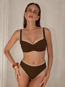 Swim Basics Women's Summer Beach Solid Color Shell Trim Thick Strap Front Ruched Hollow Back Bikini Top And Shorts Casual Vacation Swimwear Set - Brown - View 5