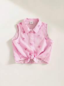 SHEIN 女童条纹蝴蝶结图案休闲衬衫 - 粉色 - 查看 8