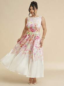 SHEIN BAE 大码圆领无袖印花褶皱连衣裙,优雅夏季 - 彩色 - 查看 10