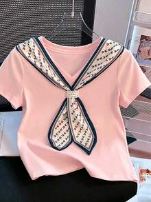 Franclia Women's Casual Vacation Knotted Collar Short Sleeve T-Shirt, Summer - Pink - View 1