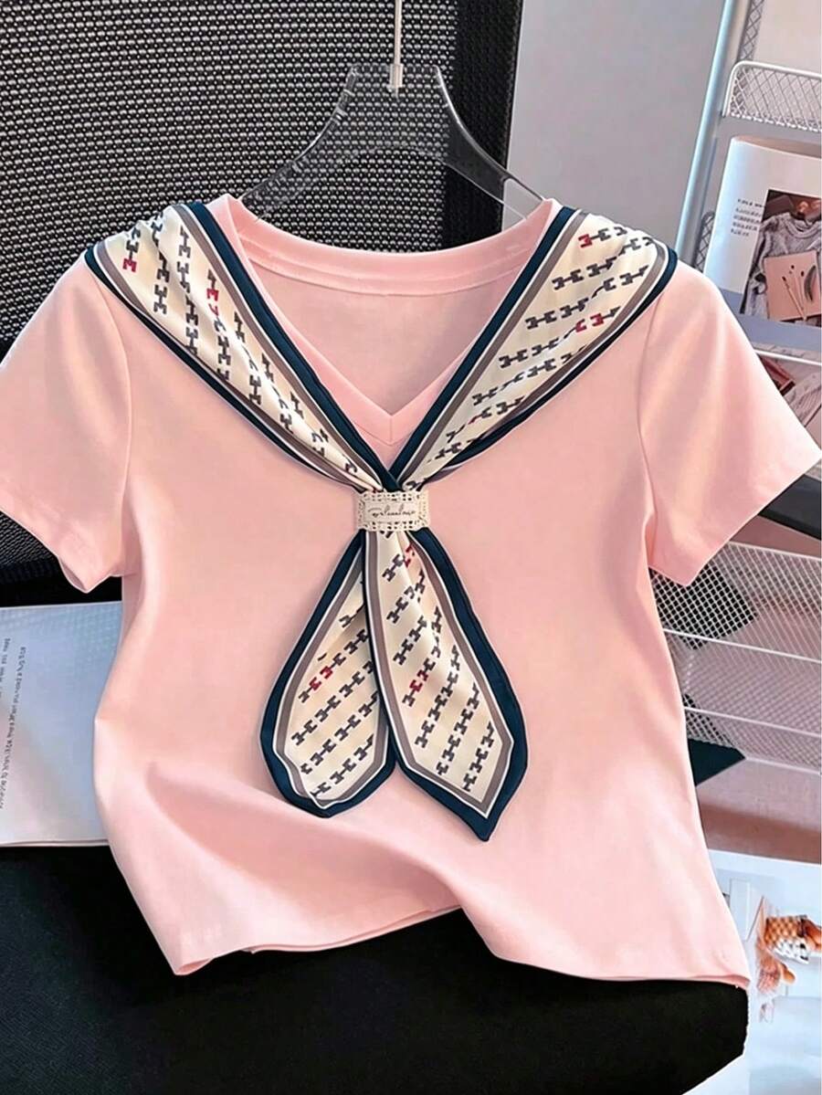 Franclia Women's Casual Vacation Knotted Collar Short Sleeve T-Shirt, Summer - Pink - View 1