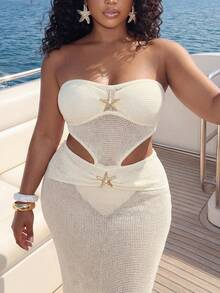 Veslaya Plus Size Women's Metal Starfish Decor Sheer Knit Tube Dress,White,Summer,Beach,Vacation,Holiday,Music Festival,Birthday,Anniversary,Graduation Season - White - View 7
