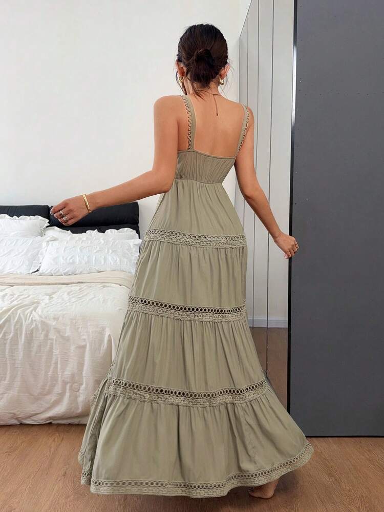 Summer Beach Vacation Romantic Layered Lace Patchwork Spaghetti Strap Waist Cinched Long Nightgown For Women