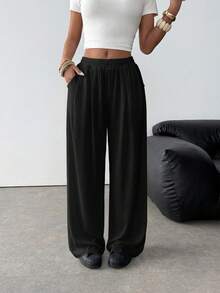 SHEIN Quần nỉ rộng rãi thoải mái cho nữ tuổi teen, có túi, màu xám hoa nhạt. - màu đen - Xem 5
