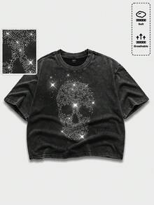 ROMWE MEN Herren Street Style Totenkopf Grafik Strass Dekor Rundhals Kurzarm Hip Hop T-Shirt - Schwarz - Übersicht 5