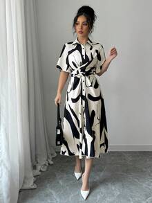 Selianne 女士度假印花单排扣褶裥系带时尚连衣裙 - 黑色 - 查看 5