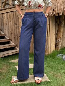 Breezaya Quần jean ống rộng dáng casual dành cho nữ, có túi. - Màu xanh lam - Xem 4