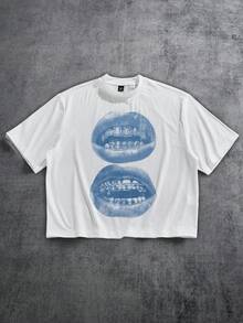 Manfinity ZONE917 Box Cut Loose Distressed Blue Street Lip Gem Print White Short Sleeve T-Shirt, Suitable For Spring And Summer - White - View 1