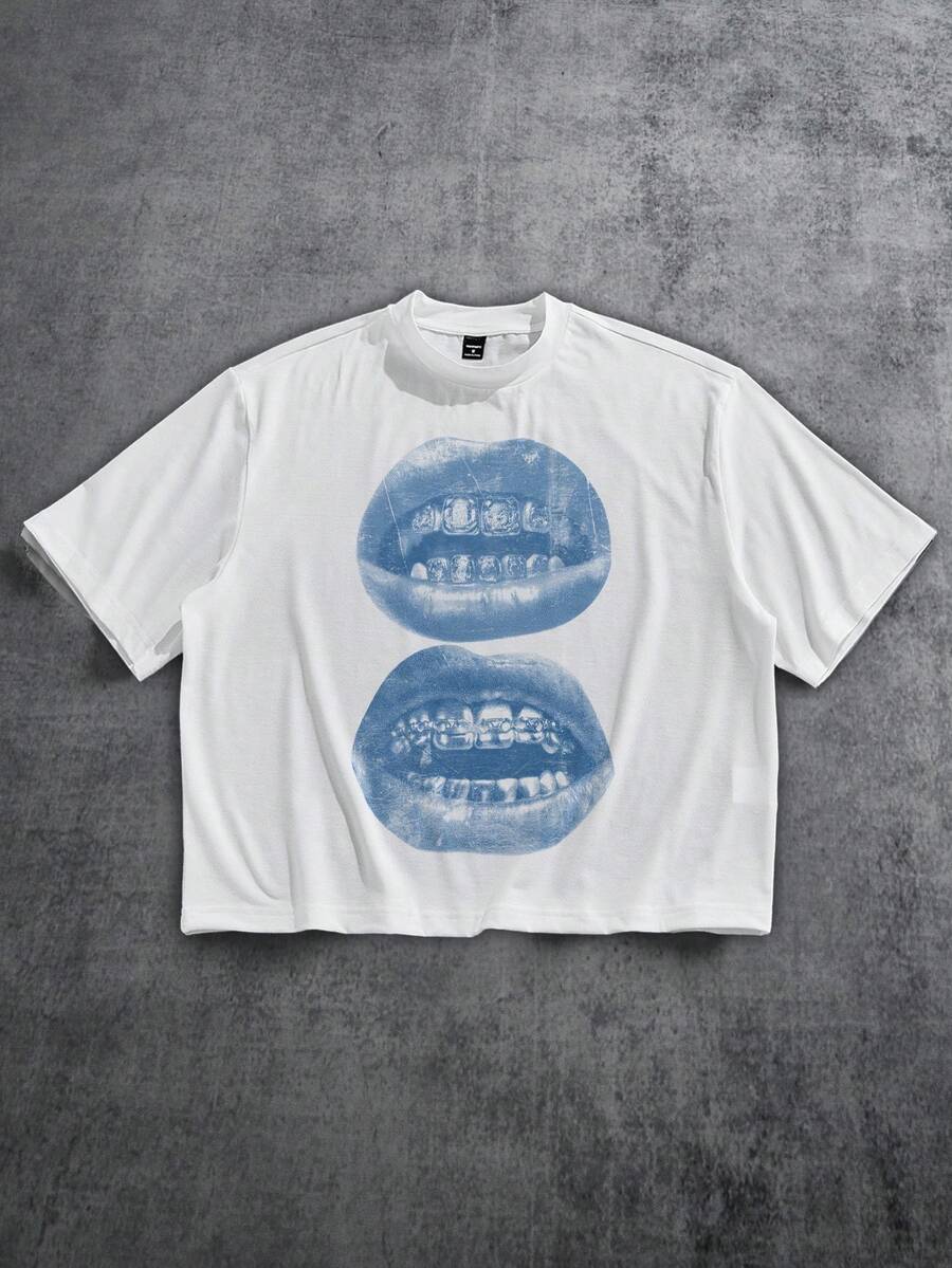 Manfinity ZONE917 Box Cut Loose Distressed Blue Street Lip Gem Print White Short Sleeve T-Shirt, Suitable For Spring And Summer - White - View 1