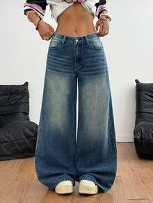 SHEIN PETITE 女款高腰復古水洗寬腿牛仔褲，休閒夏季優雅復古日常穿搭，對比色口袋寬鬆款，適合嬌小女性 - 深色水洗藍 - 查看 3