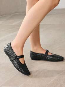 MOTF ZAPATOS PLANOS ELEGANTES Y VERSÁTILES PARA MUJERES, DE COLOR NEGRO TEJIDO CON HEBILLA AJUSTABLE - Negro - Ver 9