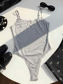 Comfortcana Women's Lace Patchwork Casual Bodysuit, Light Gray - Light Grey - View 3