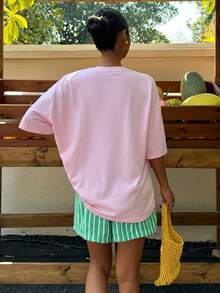 Muchica Áo thun cotton màu hồng dáng rộng cổ tròn, phong cách tối giản thường ngày, kiểu dáng thể thao, in chữ hoa nhiệt đới, tay ngắn, dáng rộng cho nữ, đa năng cho mùa xuân/hè. - Màu Hồng baby - Xem 3