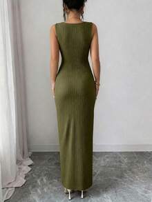 SHEIN Raffinéa Women's Elegant Textured Metal Ring Detail Split Dress, Summer - Army Green - View 2
