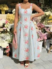 SHEIN MOD Plus Size Women's Elegant Floral Print Backless Tie-Waist Dress, Vacation Style - Baby Blue - View 8