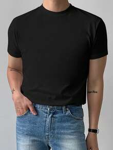 DAZY Camiseta casual de verano para hombre con cuello redondo, manga corta y unicolor - Negro - Ver 3