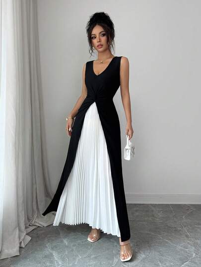 SHEIN Elenzya Women's Black V-Neck Sleeveless Twist Knot Long Top + Satin Elastic Waist Pleated Elegant Unique Slim Fit 2-Piece Set
