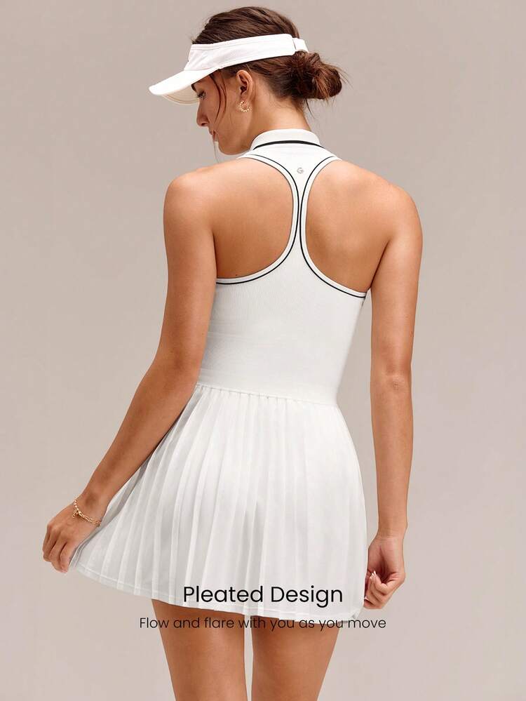 VitalSwift Quick-Dry Breathable Seamless Front Placket Removable Cups Side Pockets Polo Style Tennis Dress With Pleated Skirt Separate Shorts Summer Golf Pickleball Daily Active Wear