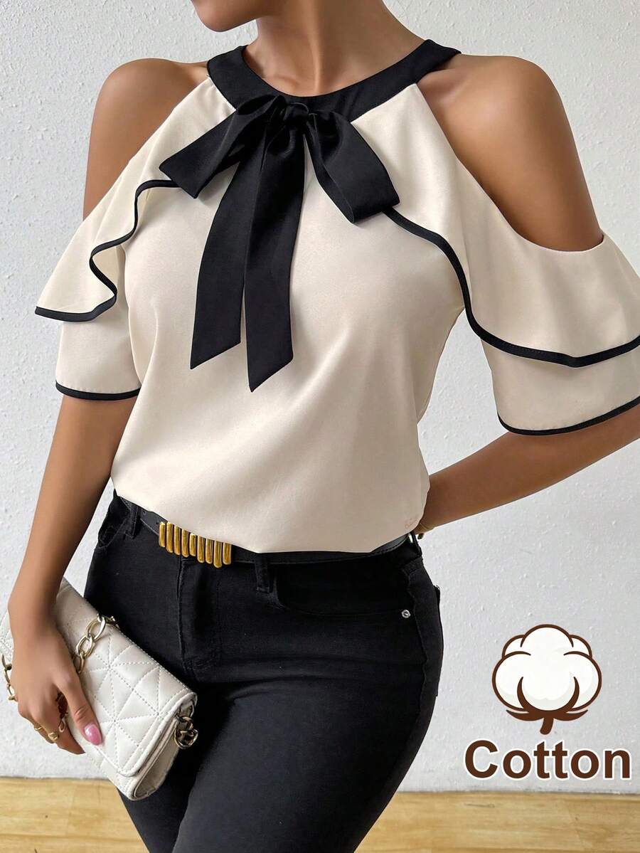 SHEIN Women's Bow Decor Ruffle Off-Shoulder Fashion Blouse - Apricot - View 1
