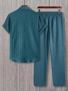 Manfinity Homme Plus Size Men's Solid Color Button-Front Short Sleeve Shirt And Drawstring Waist Long Pants Set - Olive Green - View 2