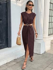 Serisse Đầm croptop quấn quanh in chấm bi dành cho nữ - màu nâu - Xem 3
