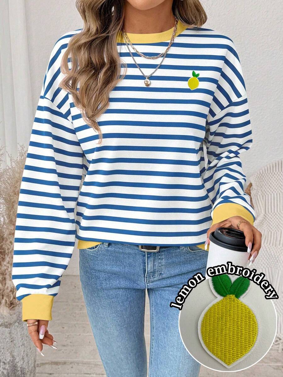 SHEIN LUNE 女士休闲复古优雅通勤百搭奶油黄蓝条纹印花柠檬刺绣贴片宽松圆领长袖卫衣 – 沙滩装、度假装、夏季服装 - 彩色 - 查看 1