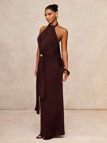 Lumalex Robe moulante pour femmes avec décoration métallique, col roulé, sans manches, froncée et avec ceinture à nouer à la taille - Marron - Voir 9