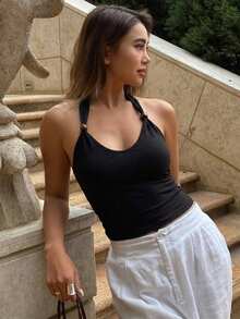 Livesso 女款串珠掛脖露背休閒夏季上衣 度假風掛脖上衣 - 黑色 - 查看 7